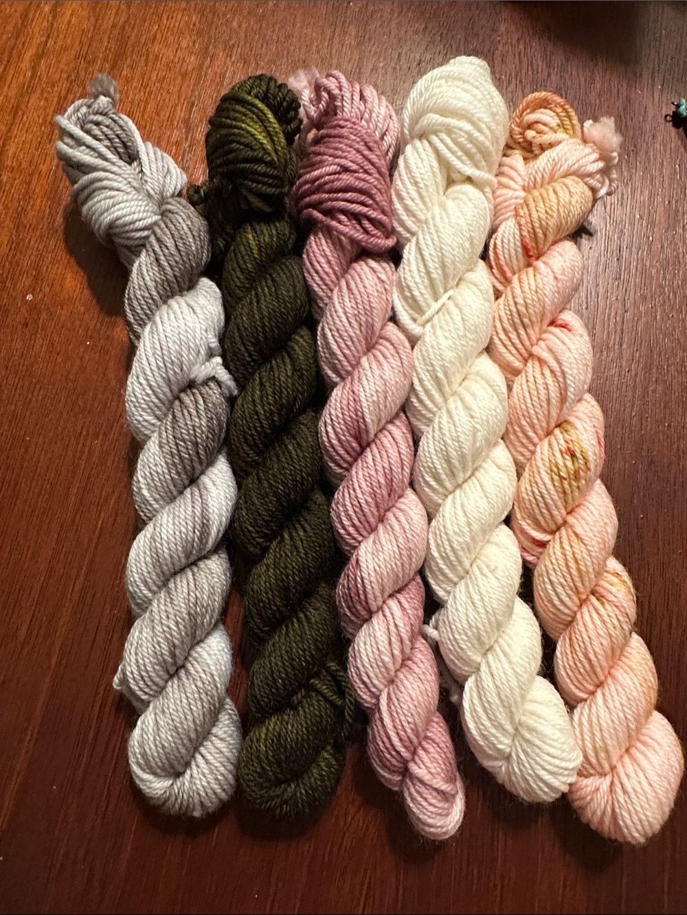 Hand-Dyed Mini Yarn Skein Set – Pink, Cream, Olive, Gray, Peach